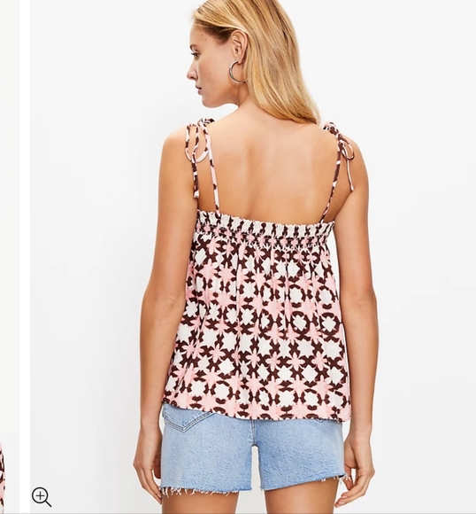 LOFT SUNWASHED FLORAL SMOCKED BOW STRAP CAMI, PINK LP - Picture 3 of 11